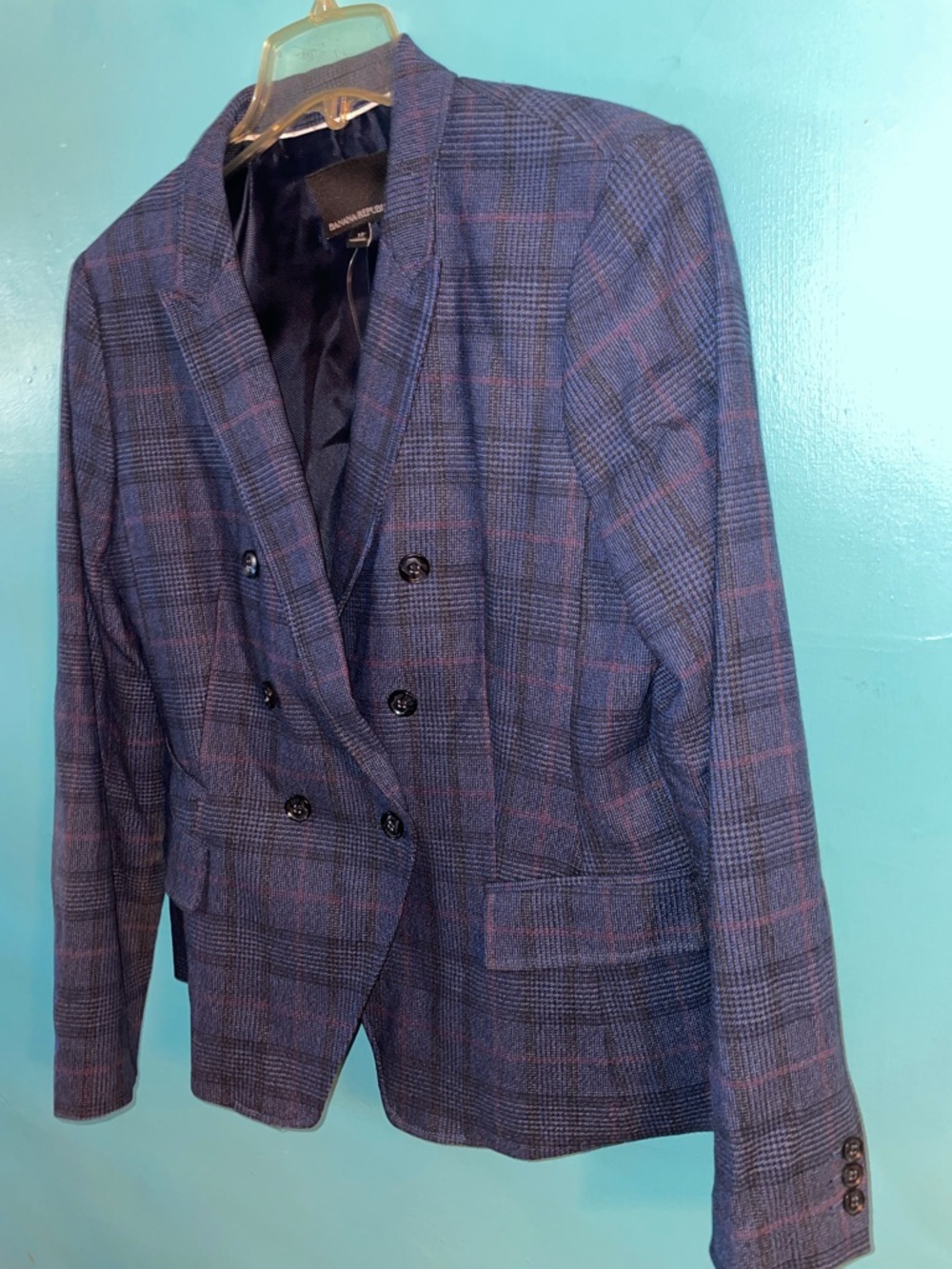 Banana Republic Double-Breasted Navy Plaid Blazer with Burgundy Overcheck
